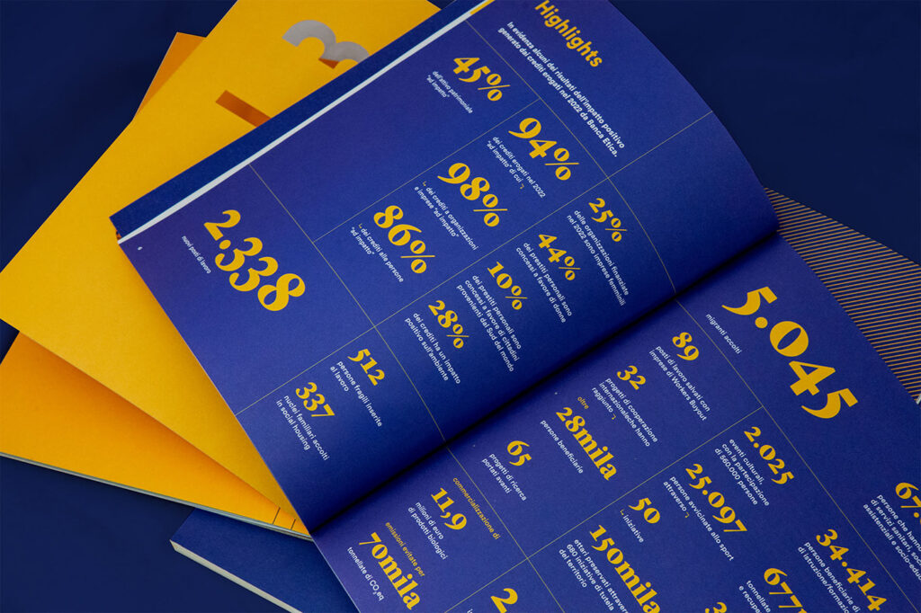 A page from an annual report with a blue background and yellow numbers, highlighting achievements and statistics.