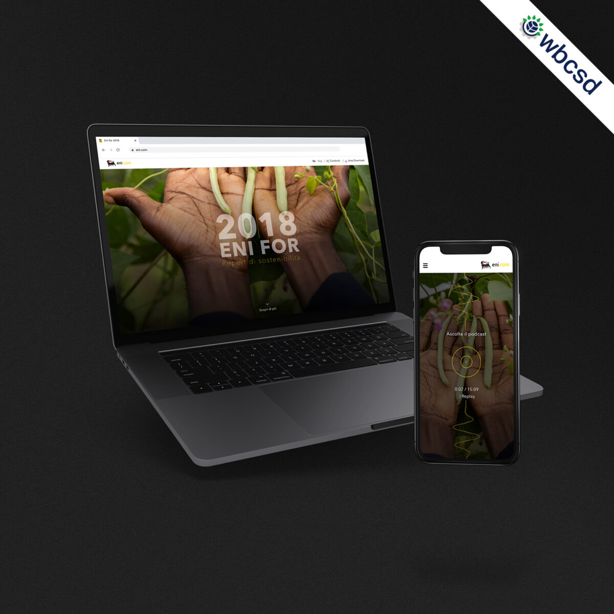 A laptop and smartphone display an "ENI FOR 2018" sustainability report, featuring hands holding green beans, against a dark background.