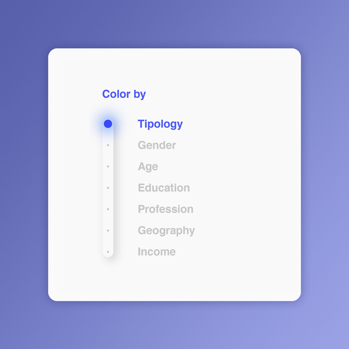 User interface with a vertical slider and options to color by Typology, Gender, Age, Education, Profession, Geography, and Income"
