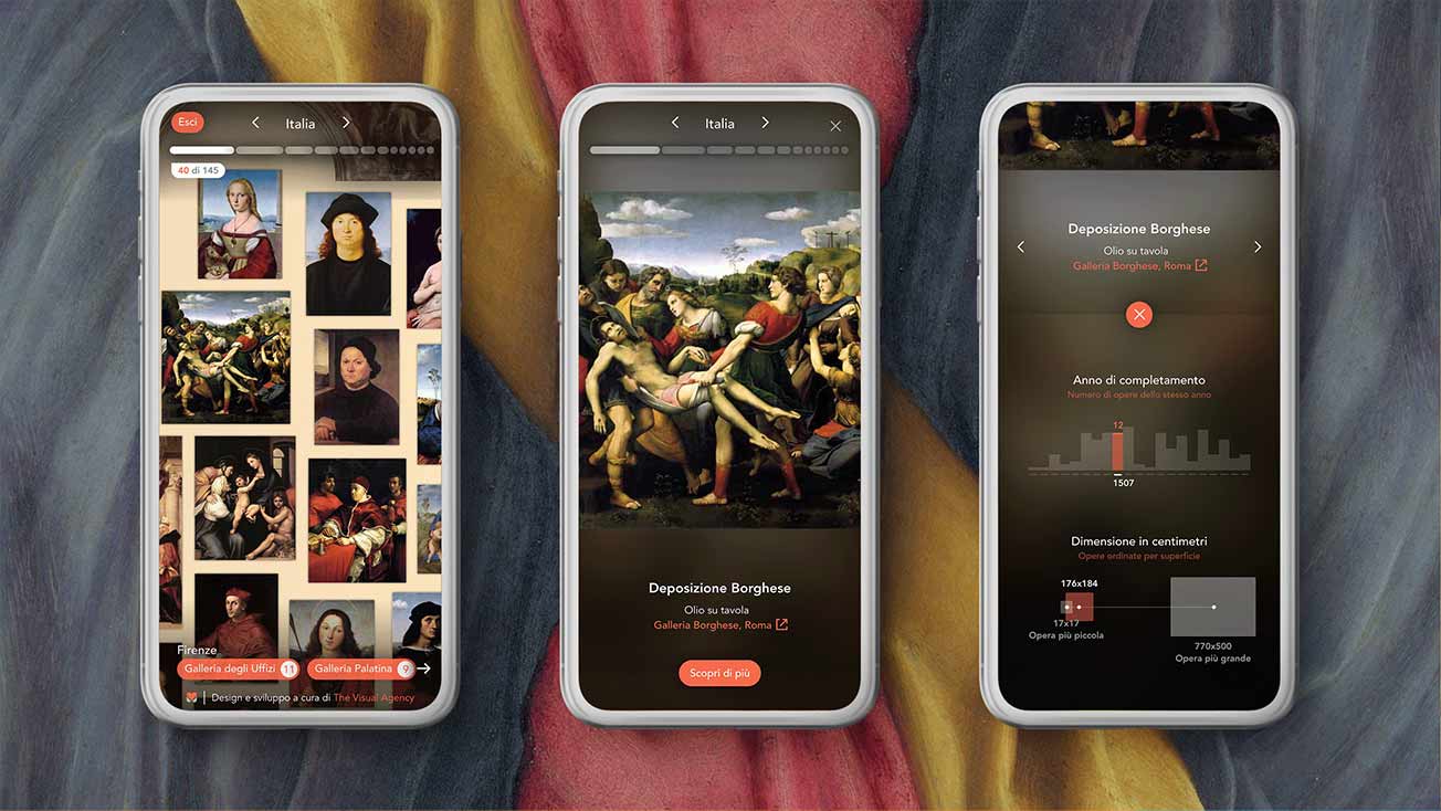 Three smartphones show the Raphael's app interface, featuring classic artworks and progress indicators against a fabric background.