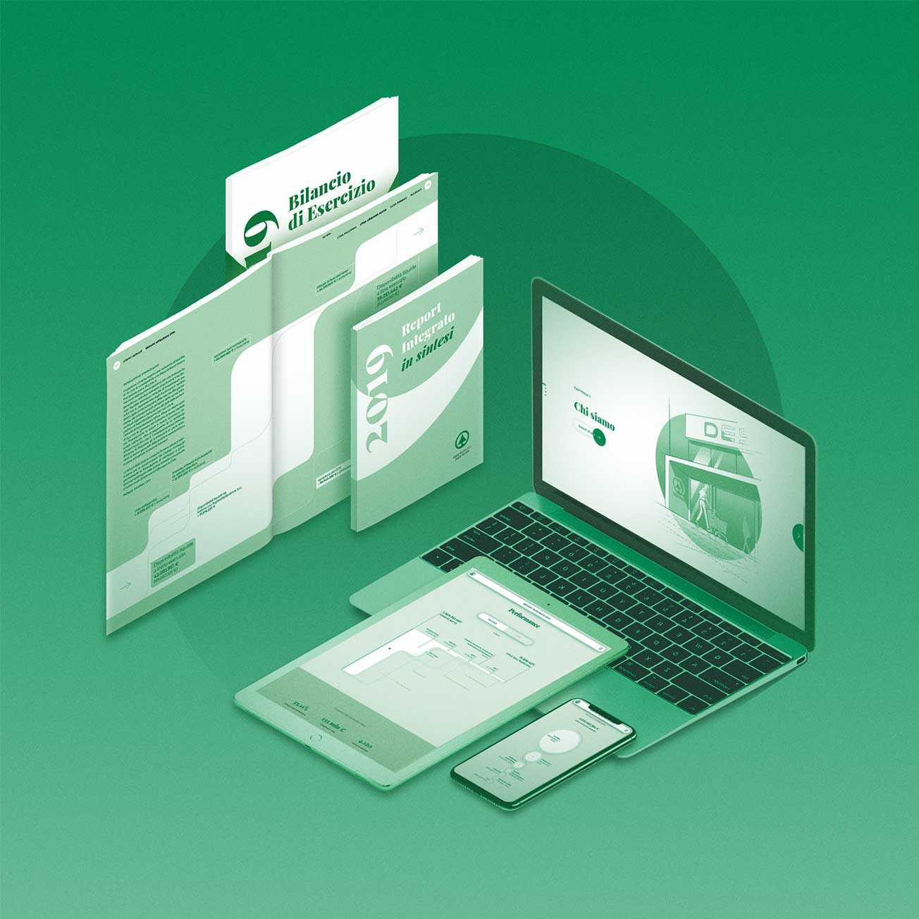 A green-themed suite of digital and print reports including a laptop, tablet, phone, and open and closed documents.