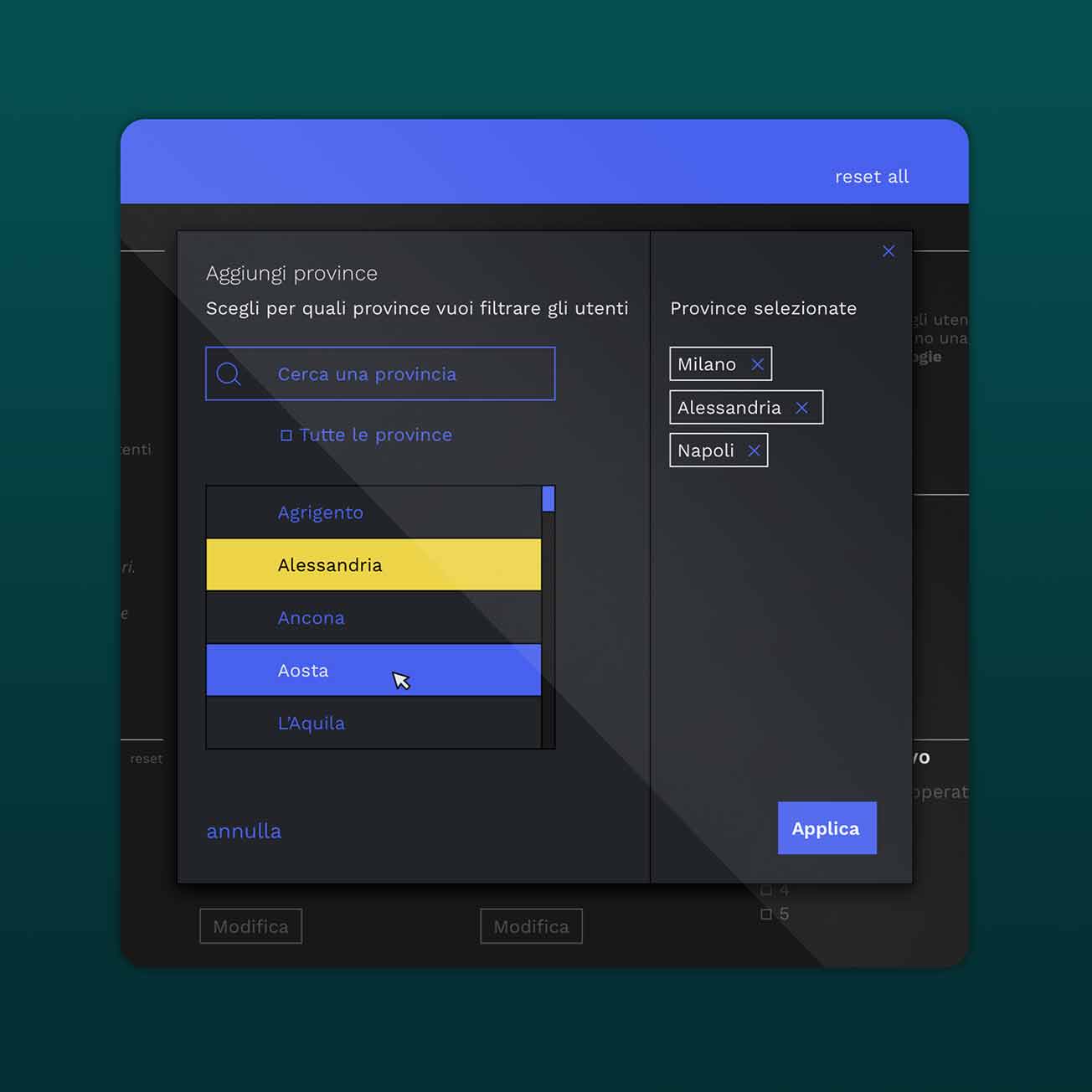 A modal window in Italian allows users to add and select provinces for filtering, with "Milano," "Alessandria," and "Napoli" already chosen.