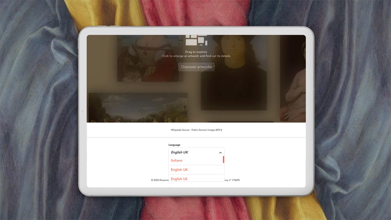 A tablet displays an art app interface with blurred images and a language selection dropdown, showing English and Italian options.