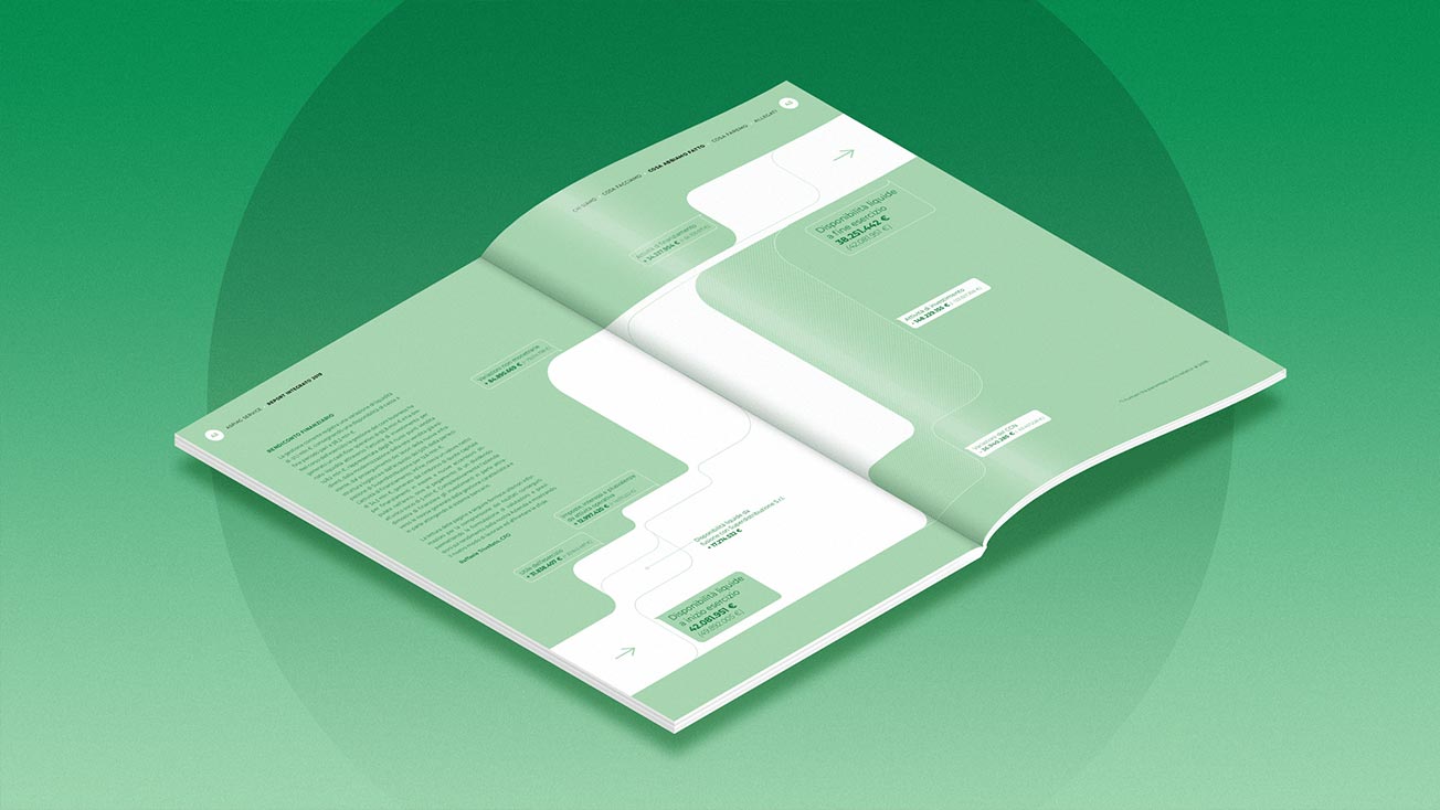 An open double-page report in shades of green and white, displaying an infographic layout on a solid green background.