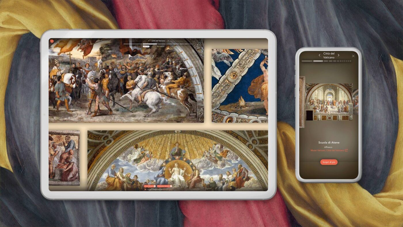 A tablet and smartphone showcase Renaissance frescoes like "The School of Athens," highlighting details and art locations