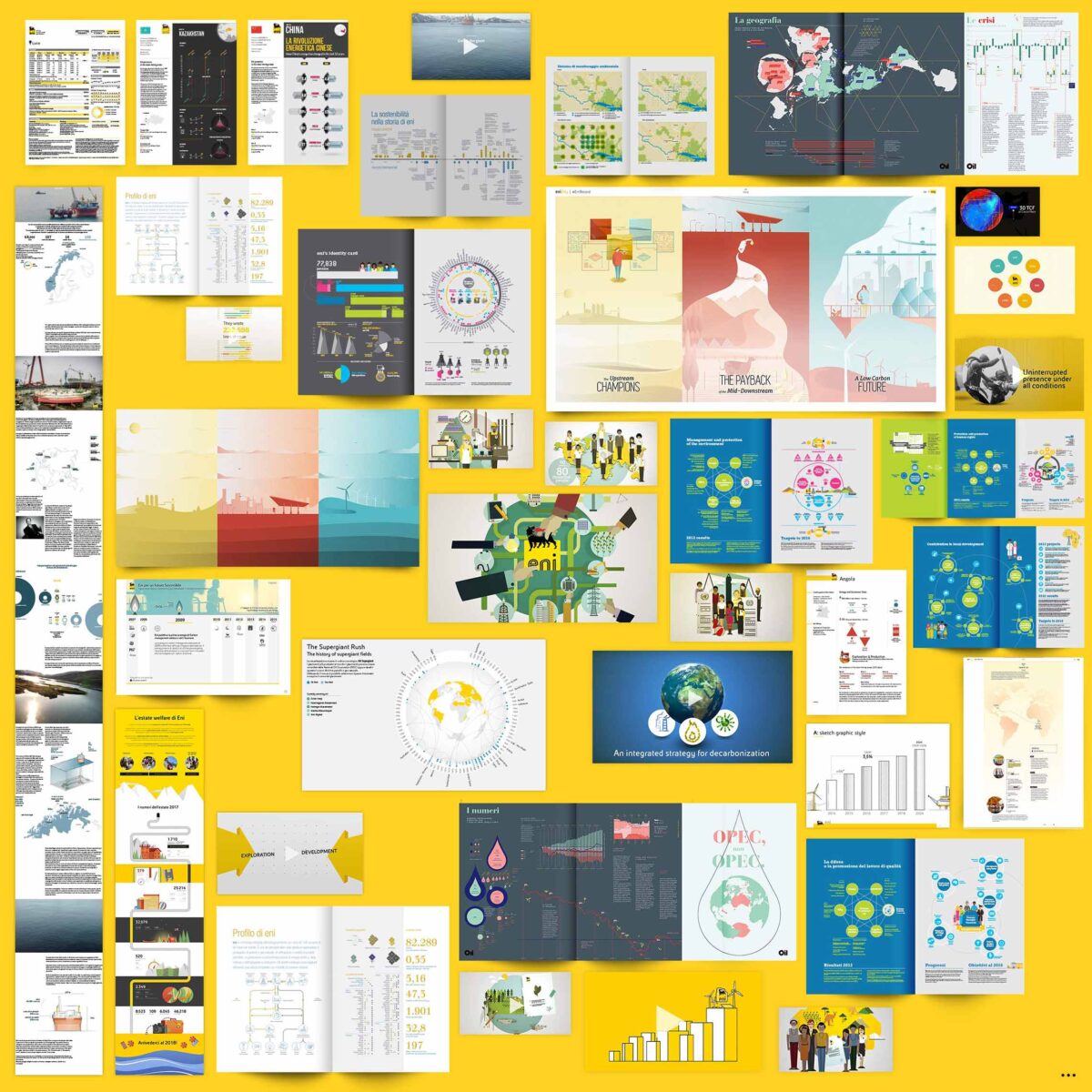 A large collage of various data visualizations, reports, and digital screens, spread across a vibrant yellow background.