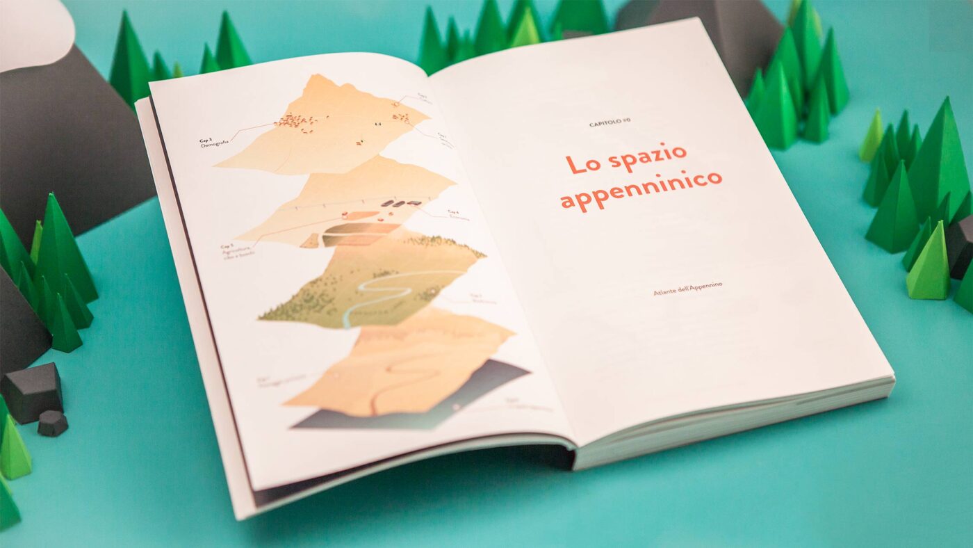 An open book displays a layered topographical map on one page and the Italian title "Lo spazio appenninico" on the other.
