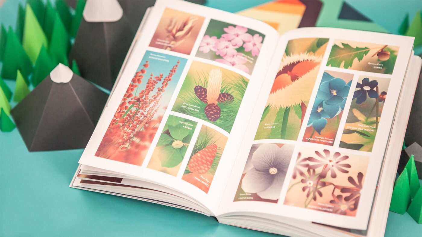 An open book shows a vibrant collage of nature-themed illustrations, including plants and flowers, arranged in a grid format.