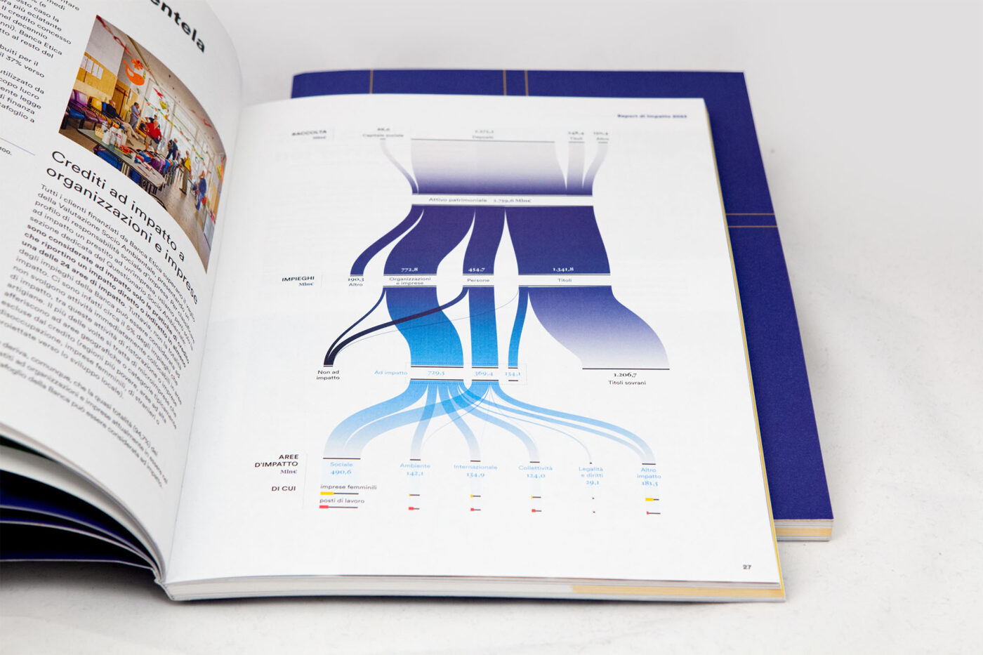 A publication page shows a complex Sankey diagram in shades of blue, illustrating various connections.