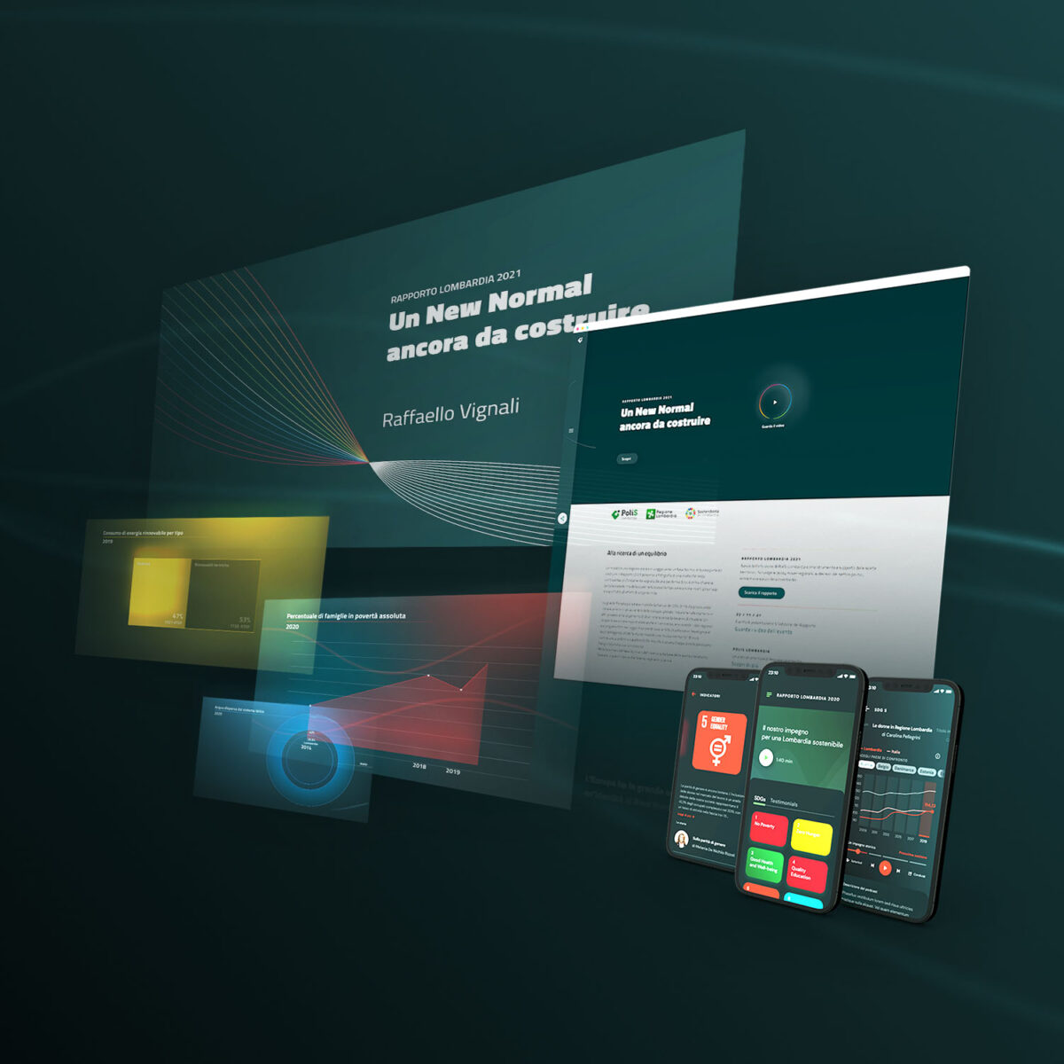 Multiple digital screens showing data visualisations, analytical charts, and a mobile app interface.
