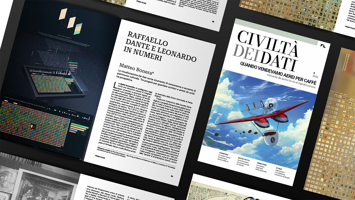 Cover of Civiltà dei Dati magazine and a page from Matteo Bonera’s article about the Codex Atlanticus project, a digital dashboard of Leonardo da Vinci’s manuscripts.